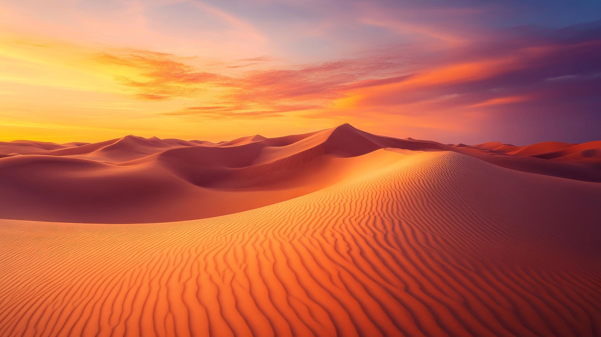 nature wallpaper with dramatic desert landscape, sand dunes, orange and pink sunset