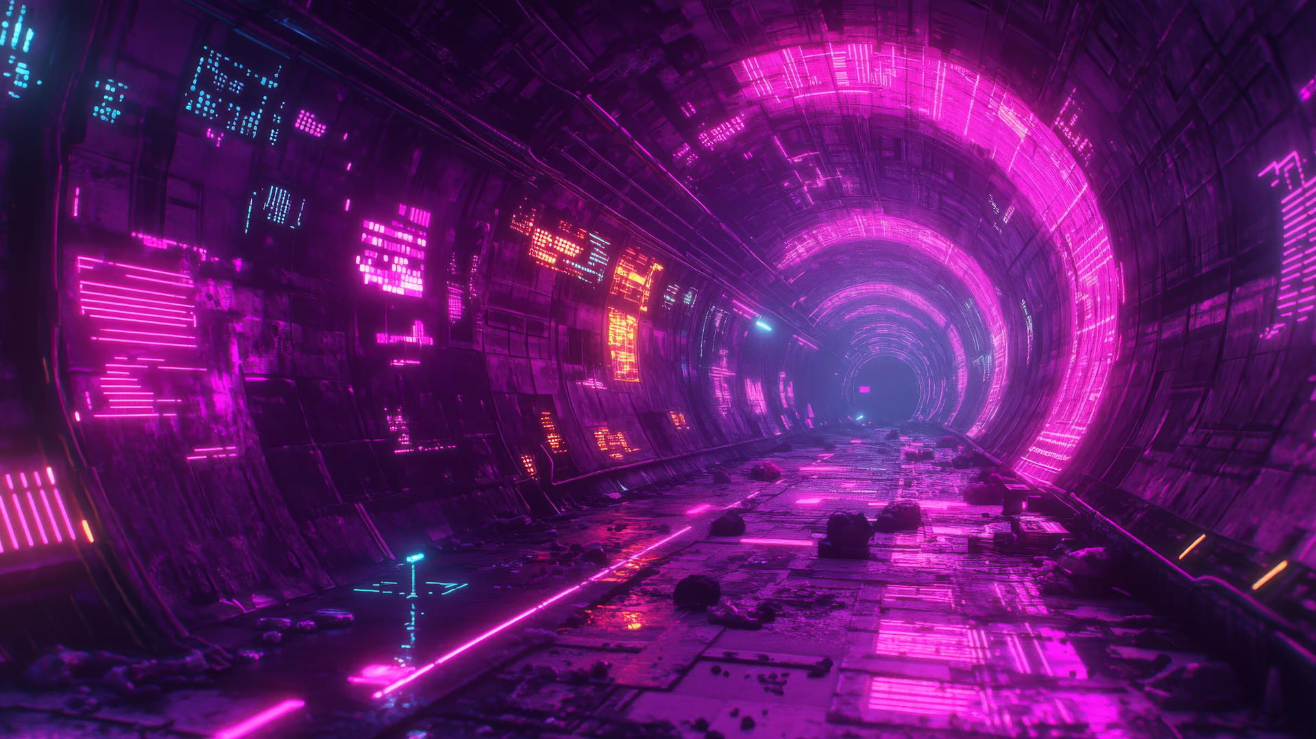 cyber Y2K wallpaper with neon-lit digital tunnel and glowing circuits