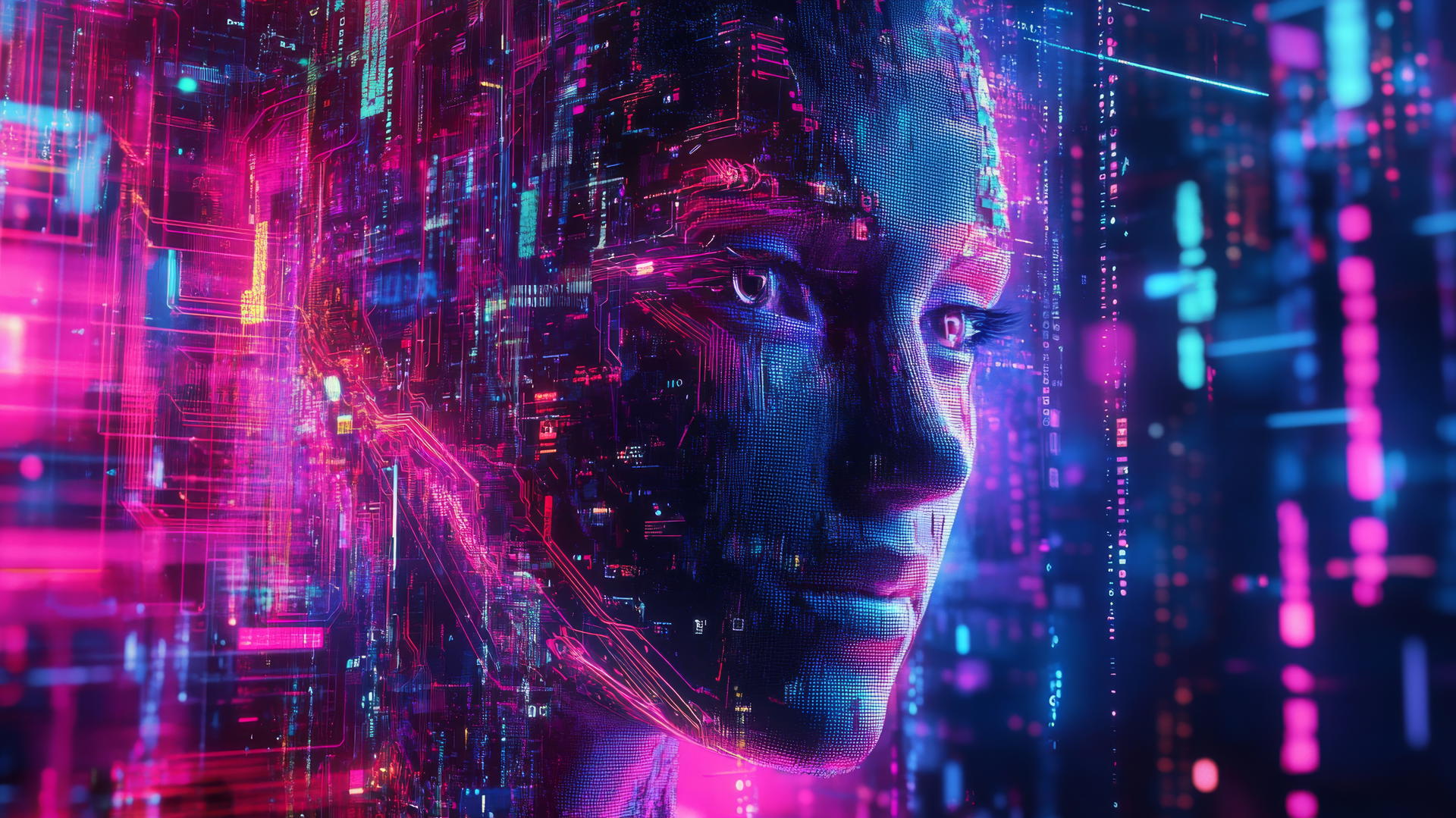 cyber y2k wallpaper with glitchy digital face and neon circuits