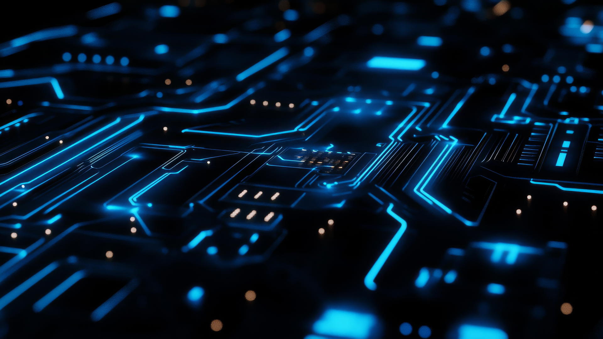 black and blue wallpaper with glowing blue circuit board on matte black background