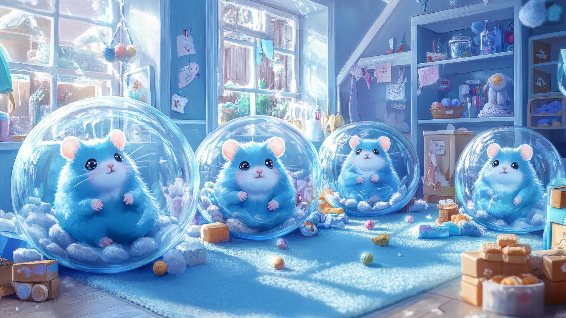cute blue wallpaper with adorable hamsters in transparent balls in a fun playroom