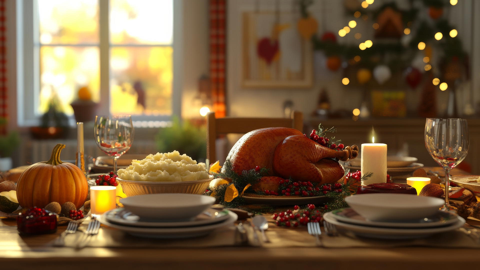 Thanksgiving wallpaper of cozy dinner table set with turkey, mashed potatoes, cranberry sauce, fall decorations