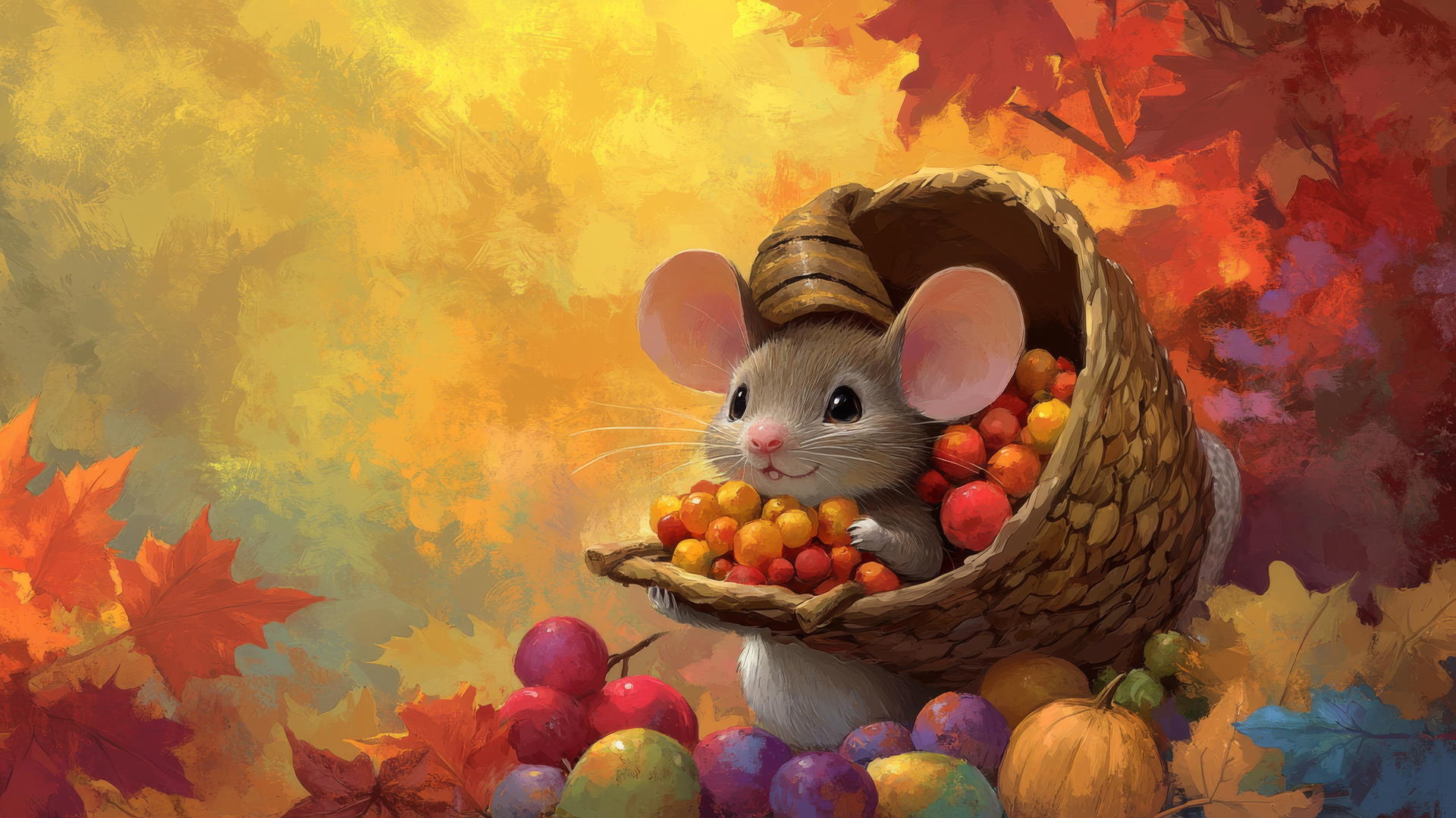 cute thanksgiving wallpaper with a whimsical mouse in a pilgrim hat holding a cornucopia