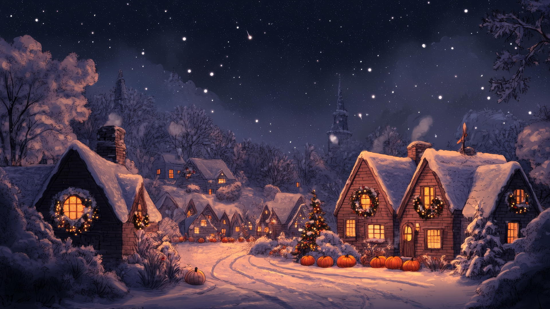 Thanksgiving wallpaper aesthetic: cozy village with decorated cottages under starry sky