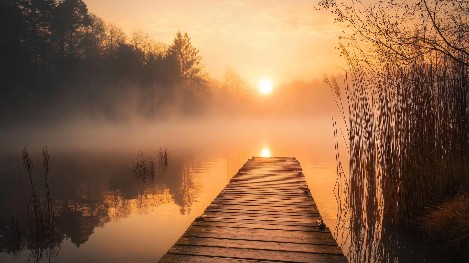thanksgiving aesthetic wallpaper with a wooden dock reaching into a foggy lake at sunrise