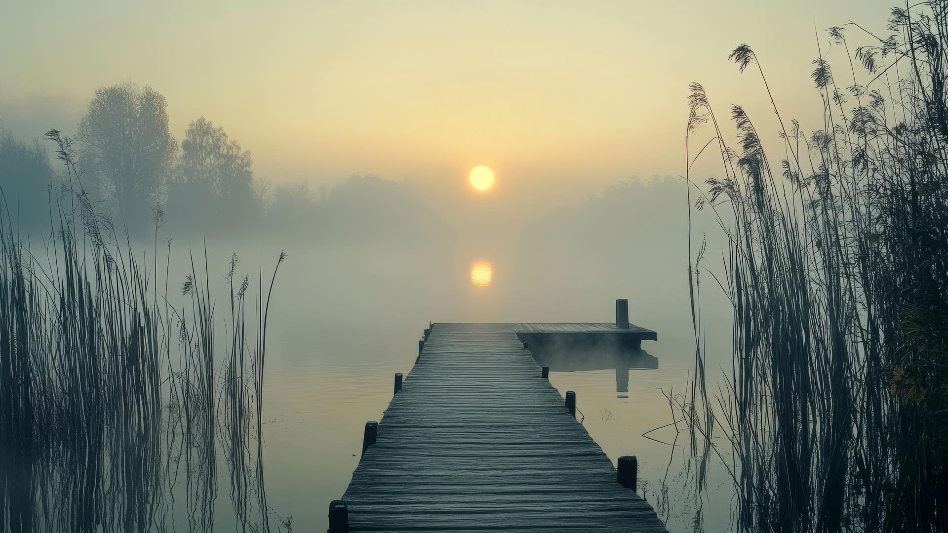 Thanksgiving aesthetic wallpaper with a wooden dock over a foggy lake, autumn sun rising