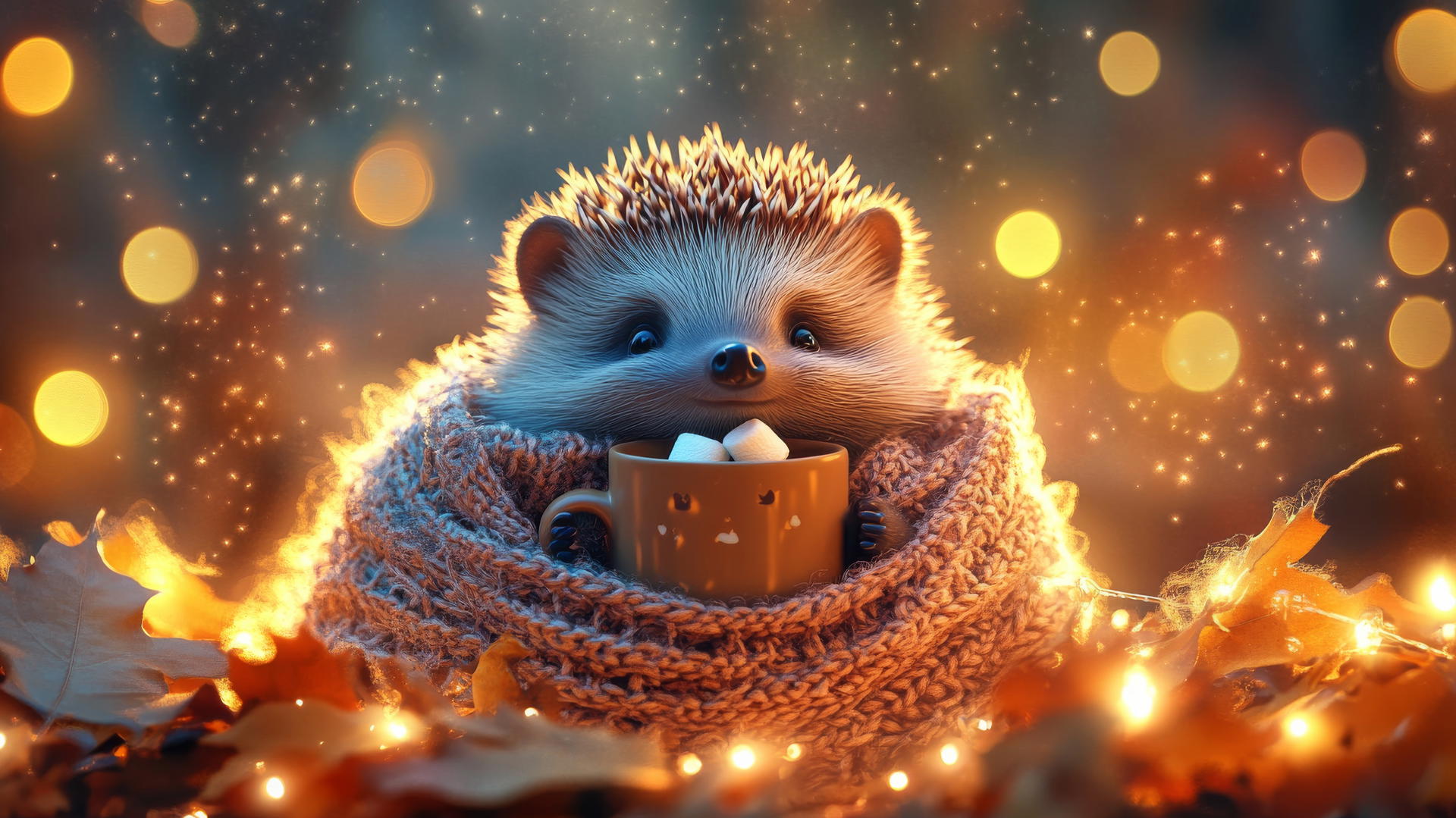 Wallpaper cute thanksgiving backgrounds with a hedgehog in a scarf holding hot chocolate among autumn fairy lights
