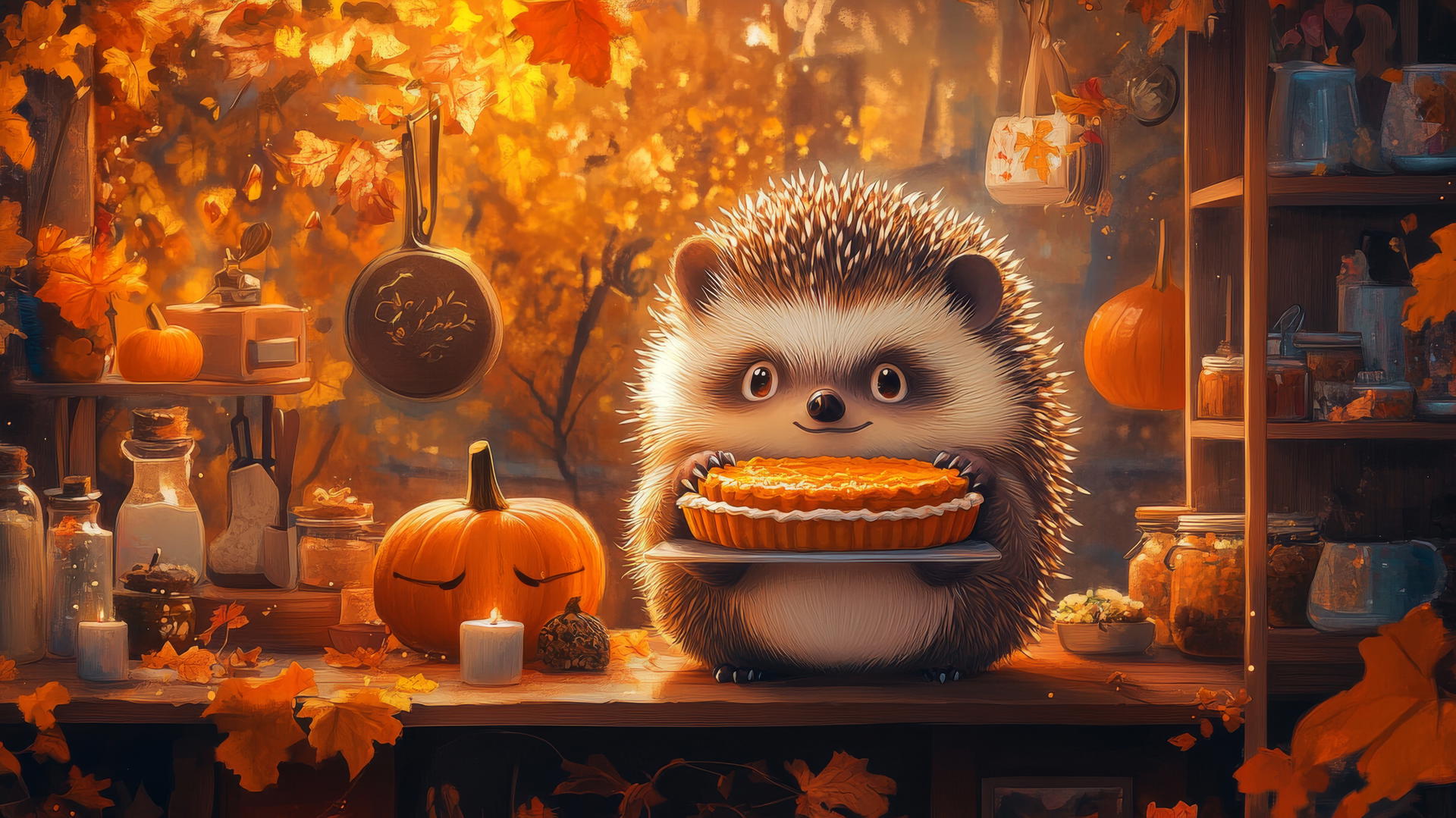 thanksgiving wallpaper cute featuring a happy hedgehog baking a pumpkin pie in a tiny kitchen