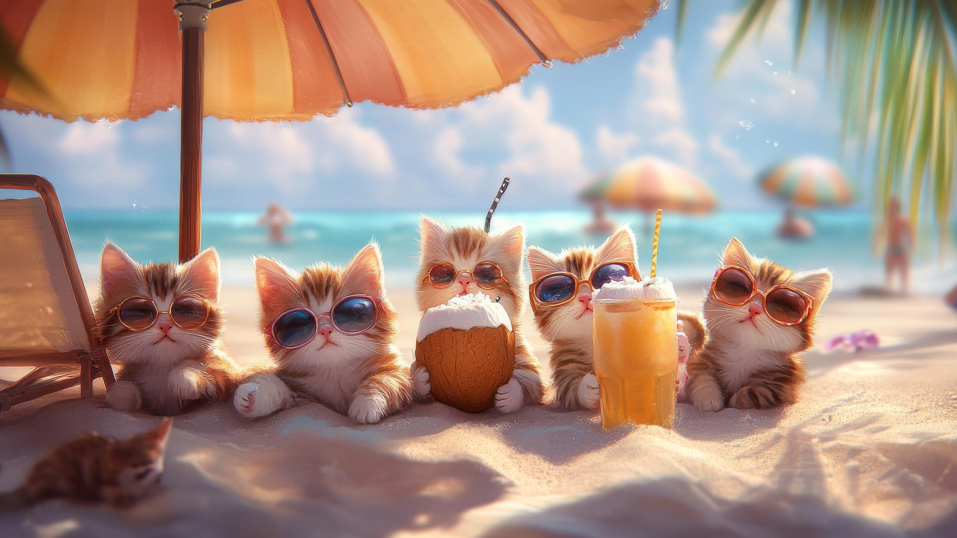Cute summer wallpaper: playful kittens under a beach umbrella with coconut drinks