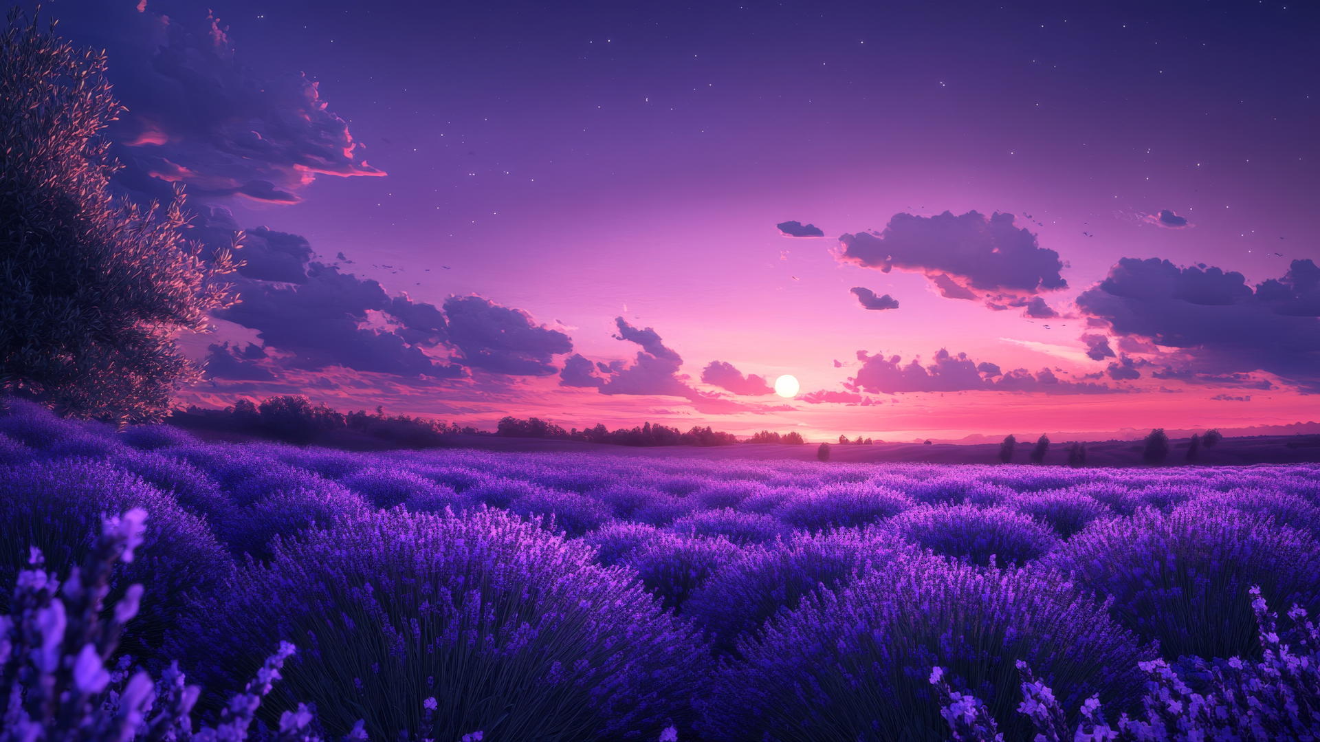 wallpaper purple 4k of a peaceful lavender field at dusk with a glowing moon