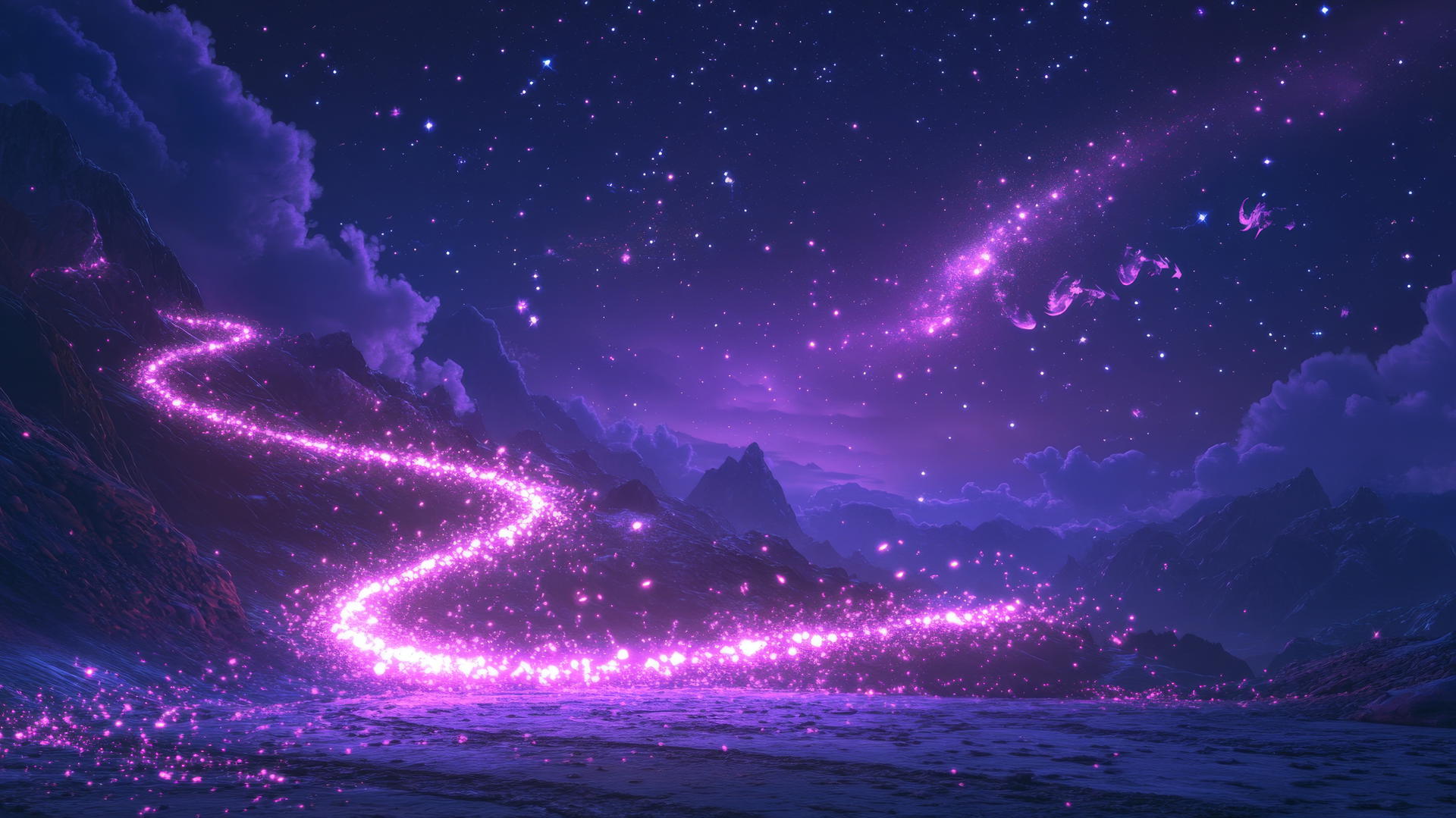 neon purple aesthetic wallpaper with a dragon spiraling through the night sky, leaving a glowing trail