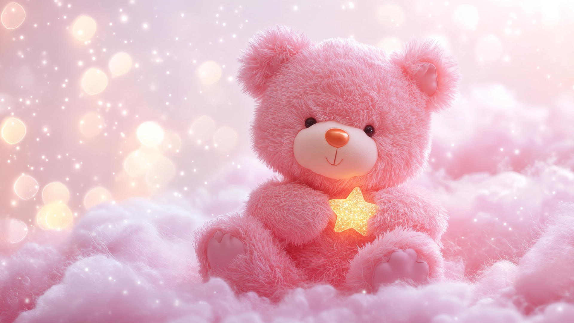 cute pink wallpaper with a kawaii bear holding a tiny star on a fluffy pink cloud
