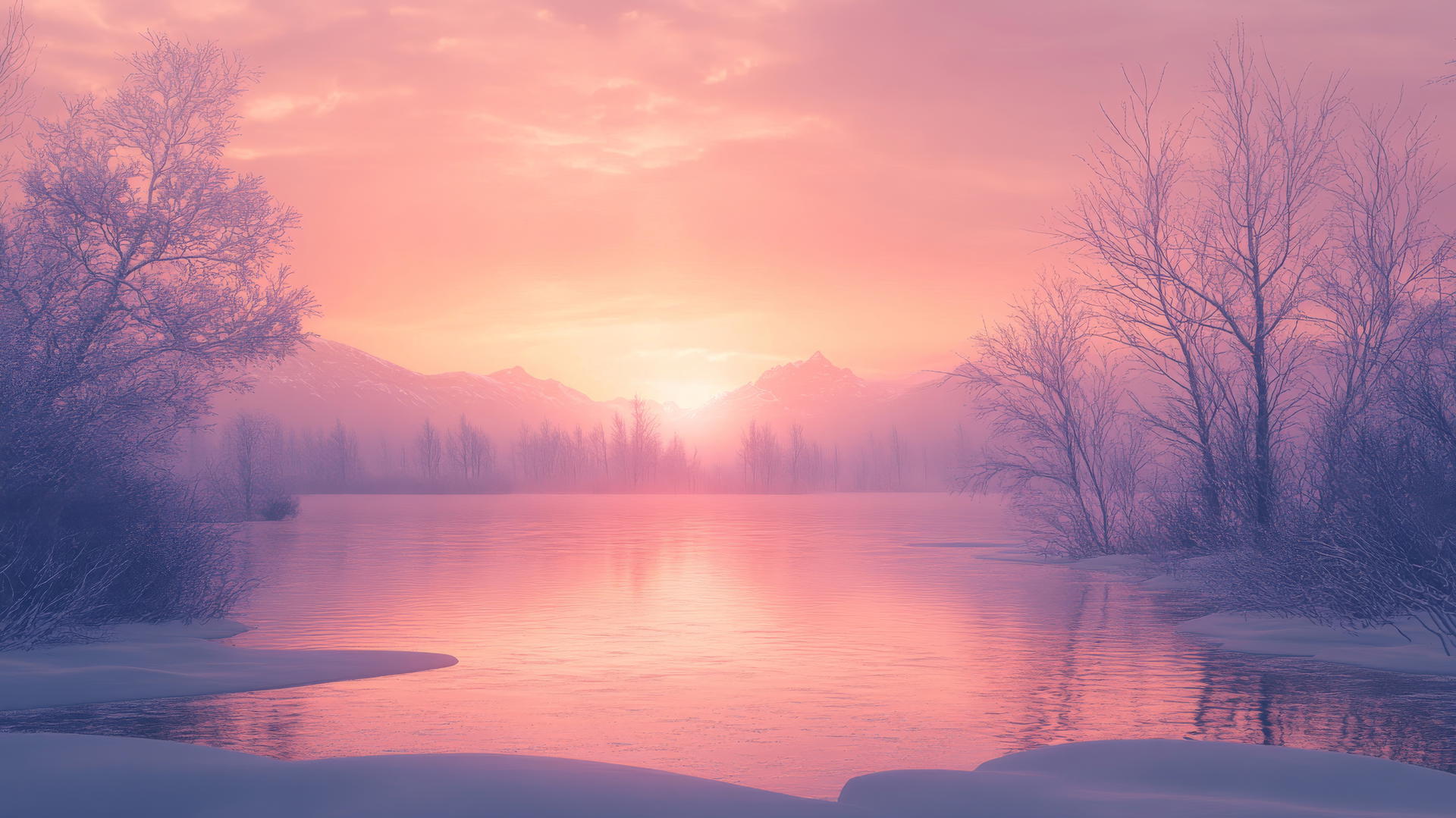 winter aesthetic wallpaper with an icy lake, barren trees, and a soft pink and orange sunset glow