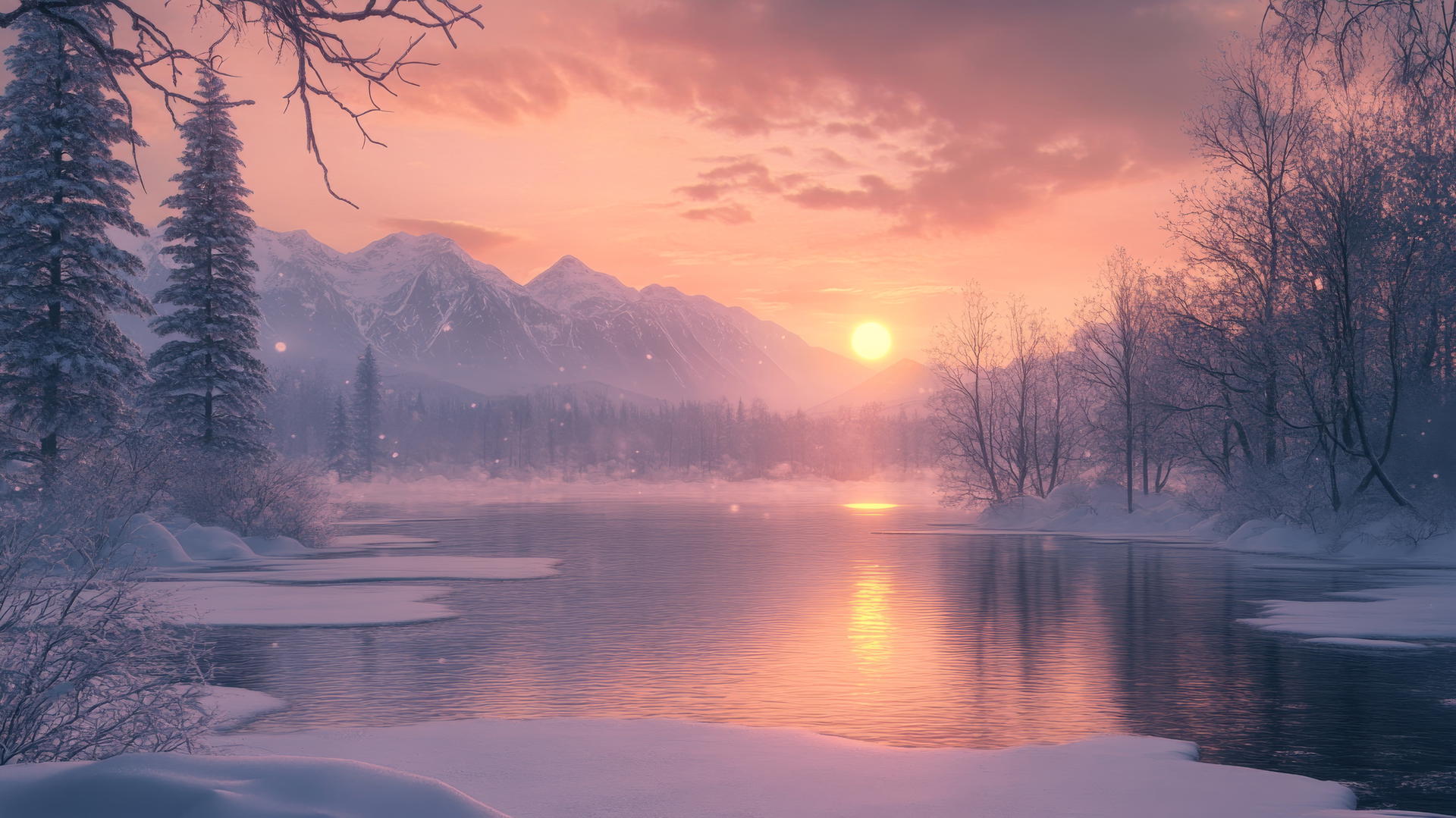 icy lake with barren snow-covered trees and a sunset casting pink and orange hues creating a peaceful winter aesthetic wallpaper