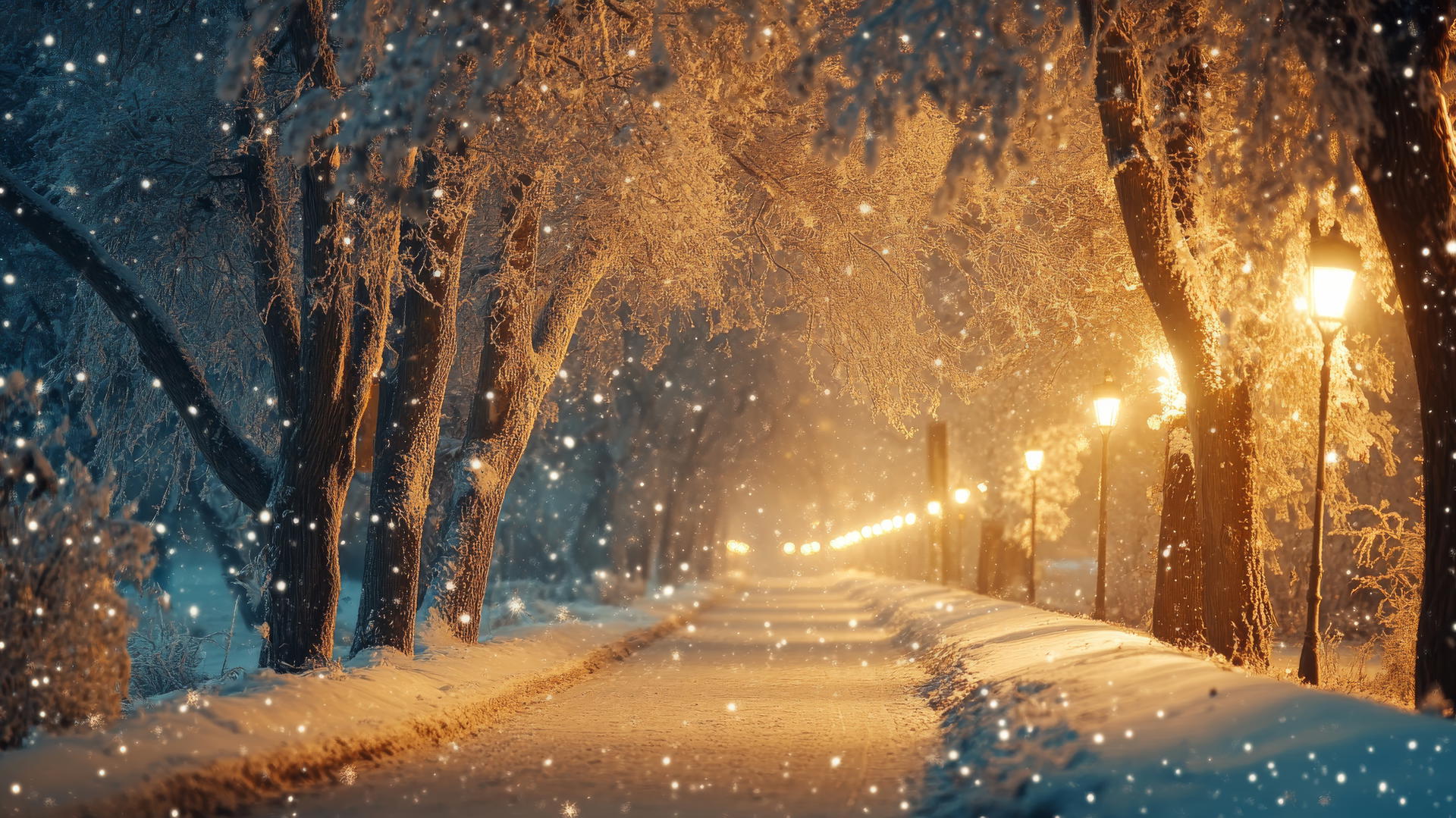winter wallpaper with snow-covered pathway, frost-covered trees, and golden streetlights