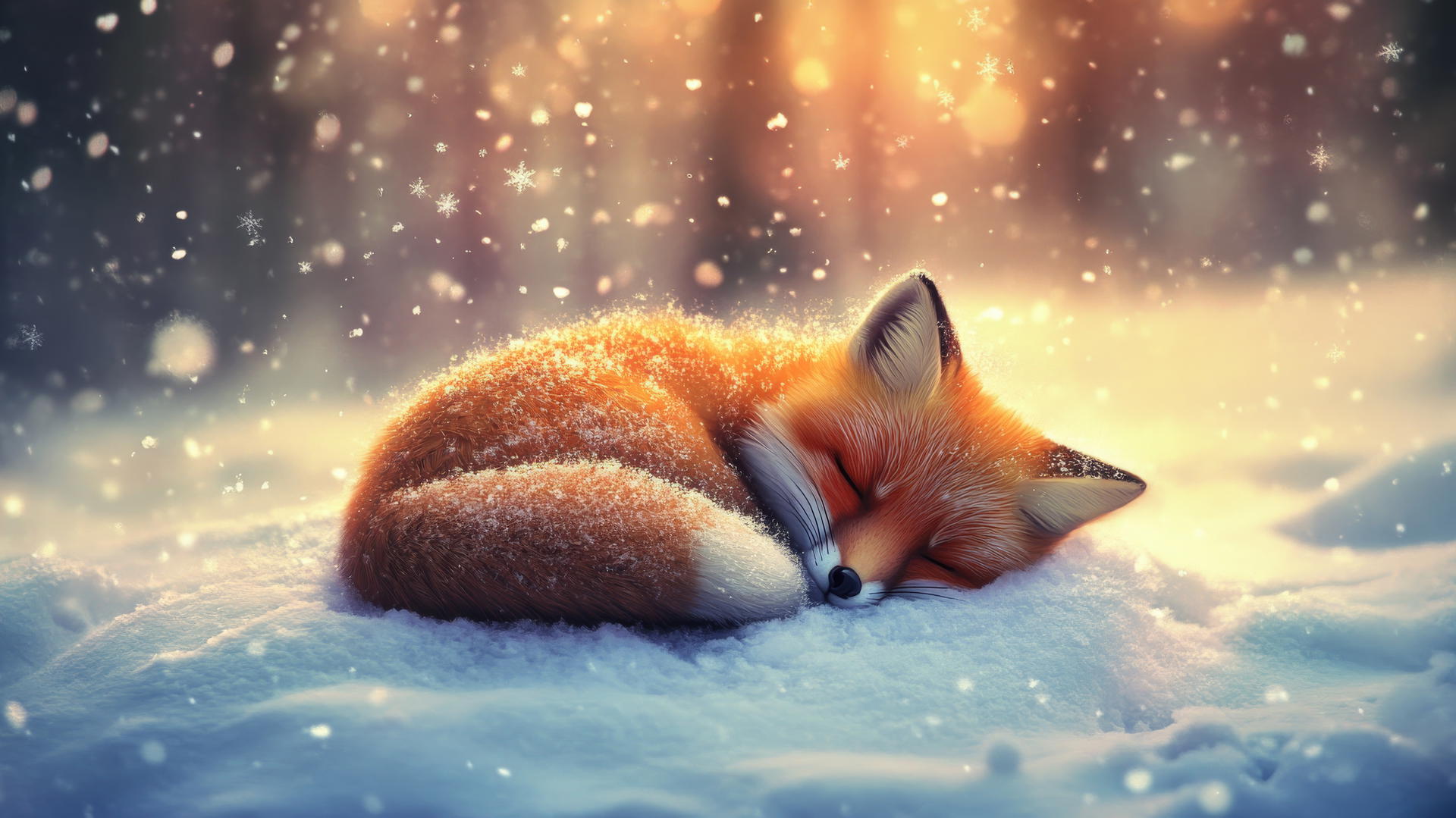 cute winter wallpaper with a sleepy fox curled up in the snow with snowflakes on its fur