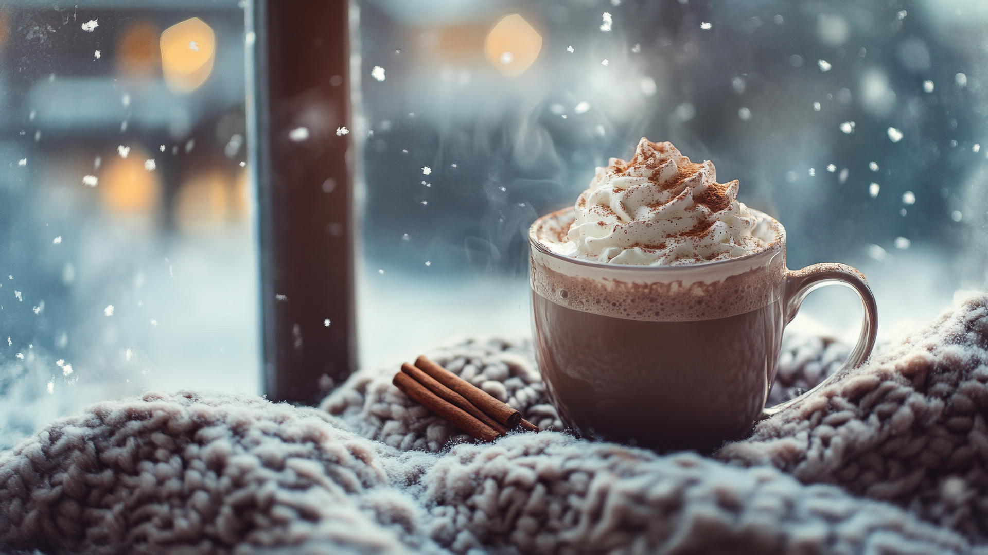 Cozy winter iPhone wallpaper with hot chocolate on knit blanket beside frosted window