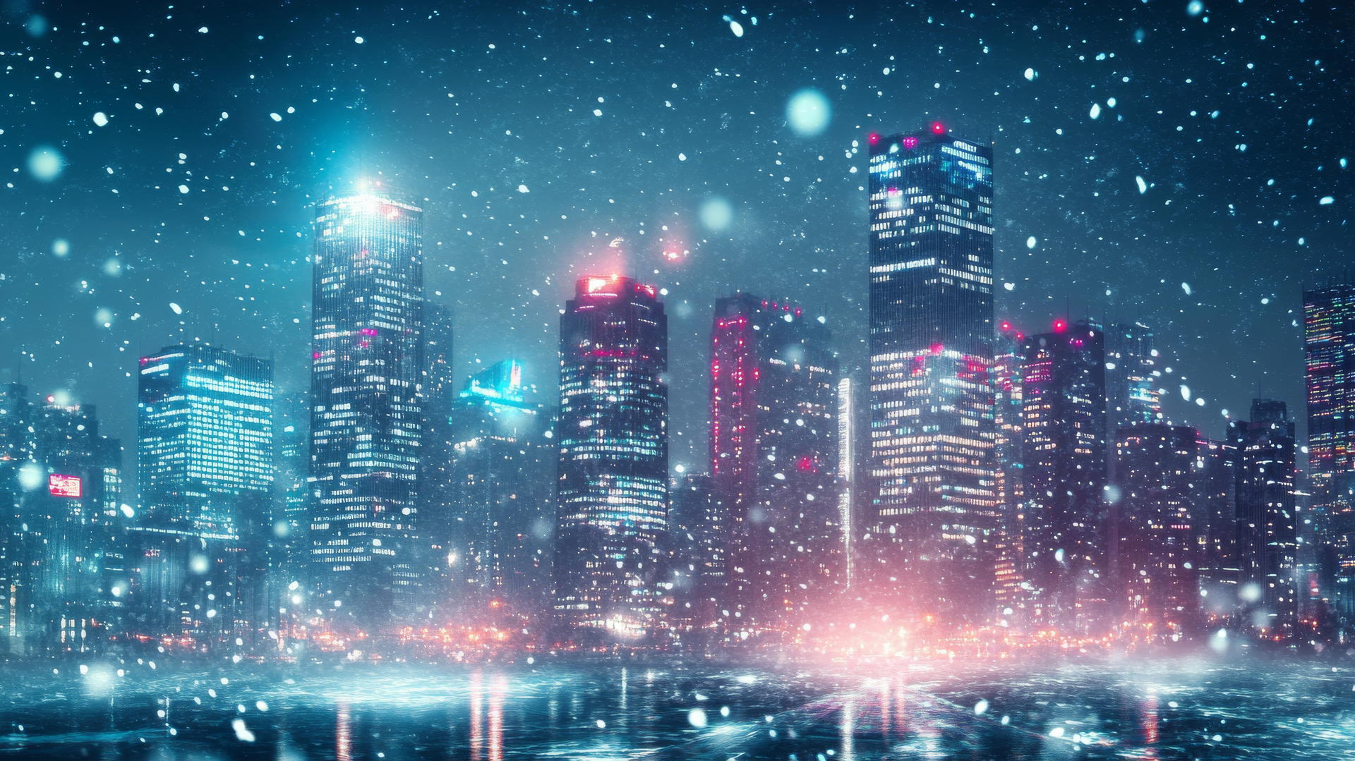 A futuristic winter cityscape with neon lights and tall skyscrapers covered in snow; winter background wallpaper.