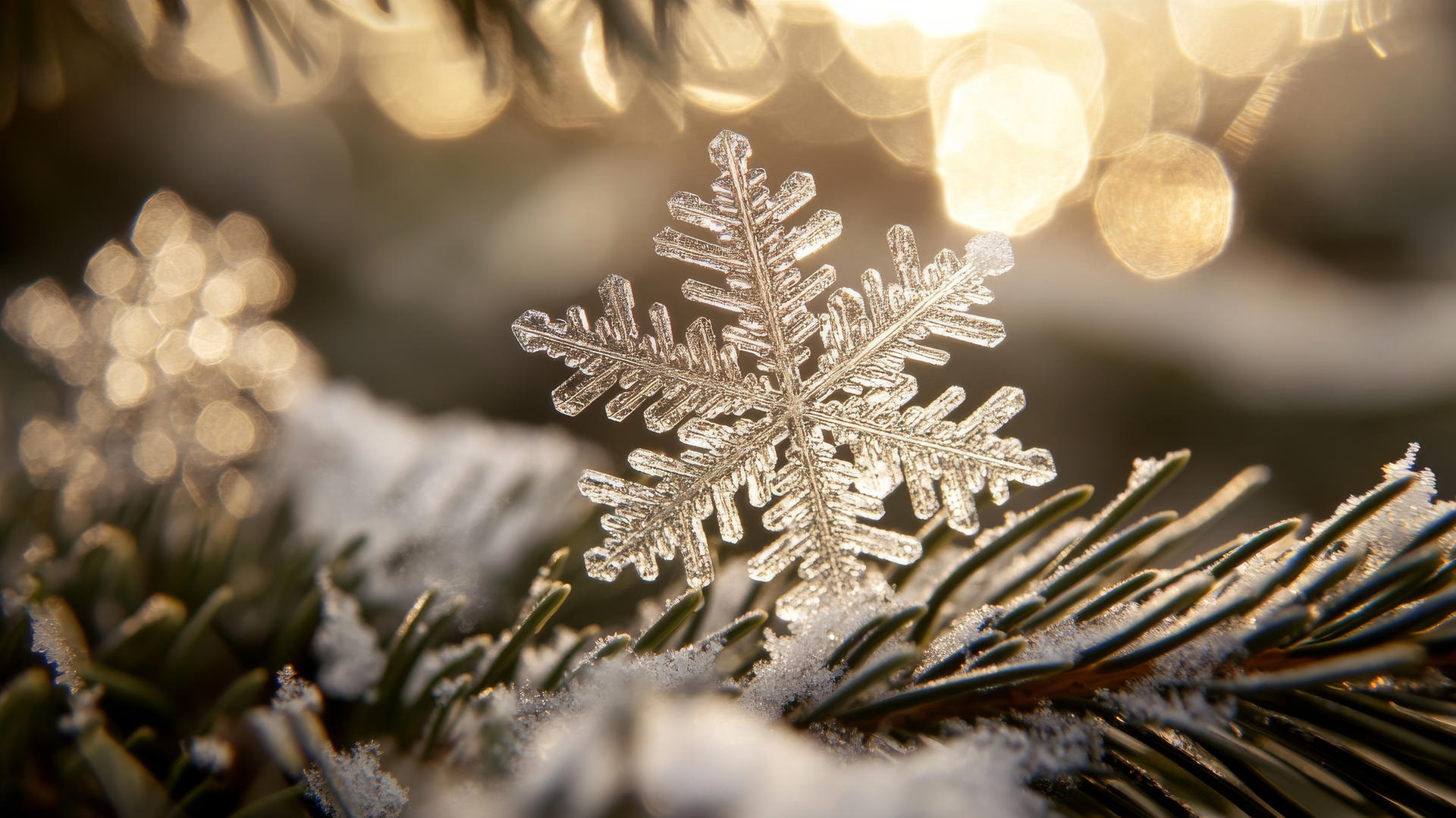 winter wallpaper aesthetic with delicate snowflakes on pine needles.