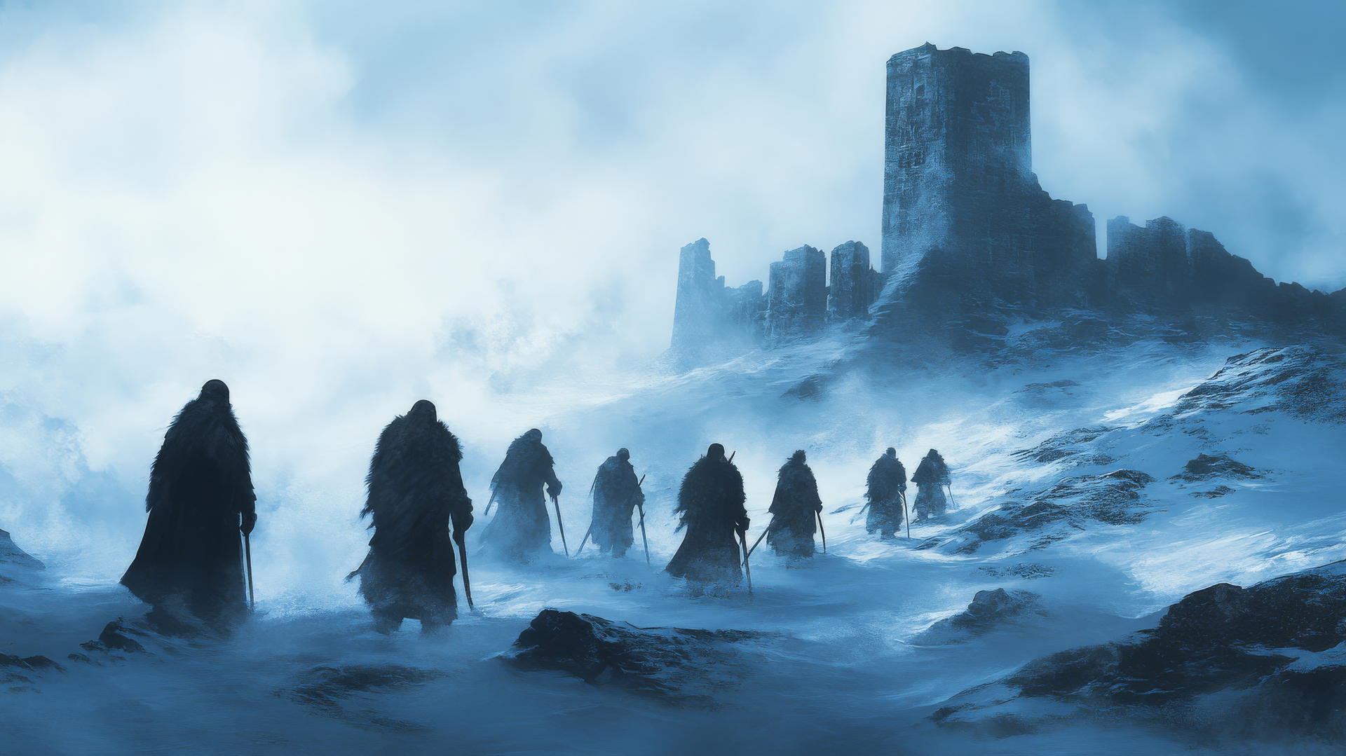 winter background wallpaper with ancient ruins, fur-clad warriors amid snowstorm
