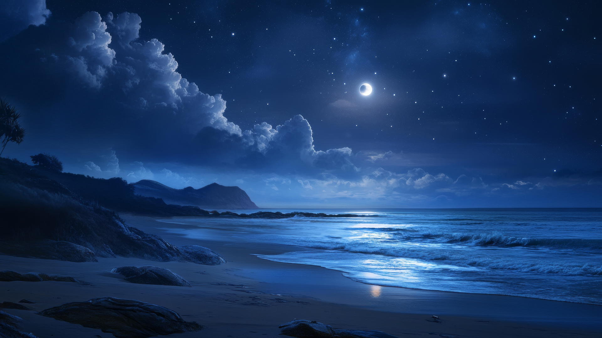 beach wallpaper at night with moonlit ocean waves and distant mountain silhouettes