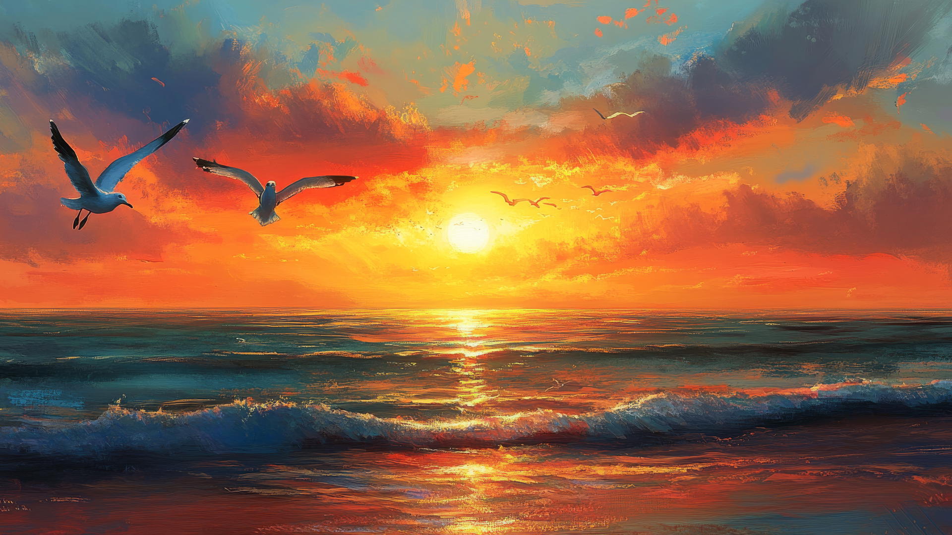 sunset beach wallpaper with vibrant sky, seagulls, and sparkling ocean