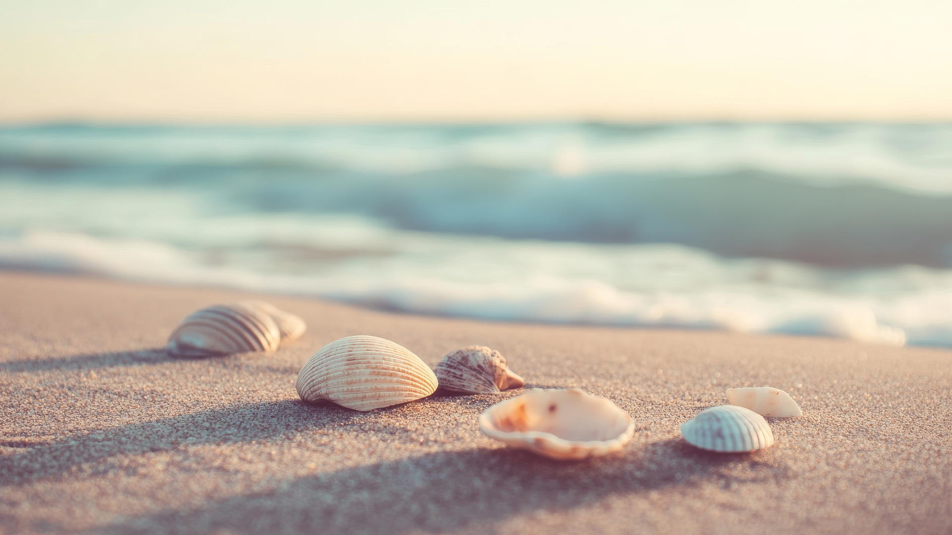 vintage beach scene with faded seashells and soft blur effect, beach wallpaper aesthetic