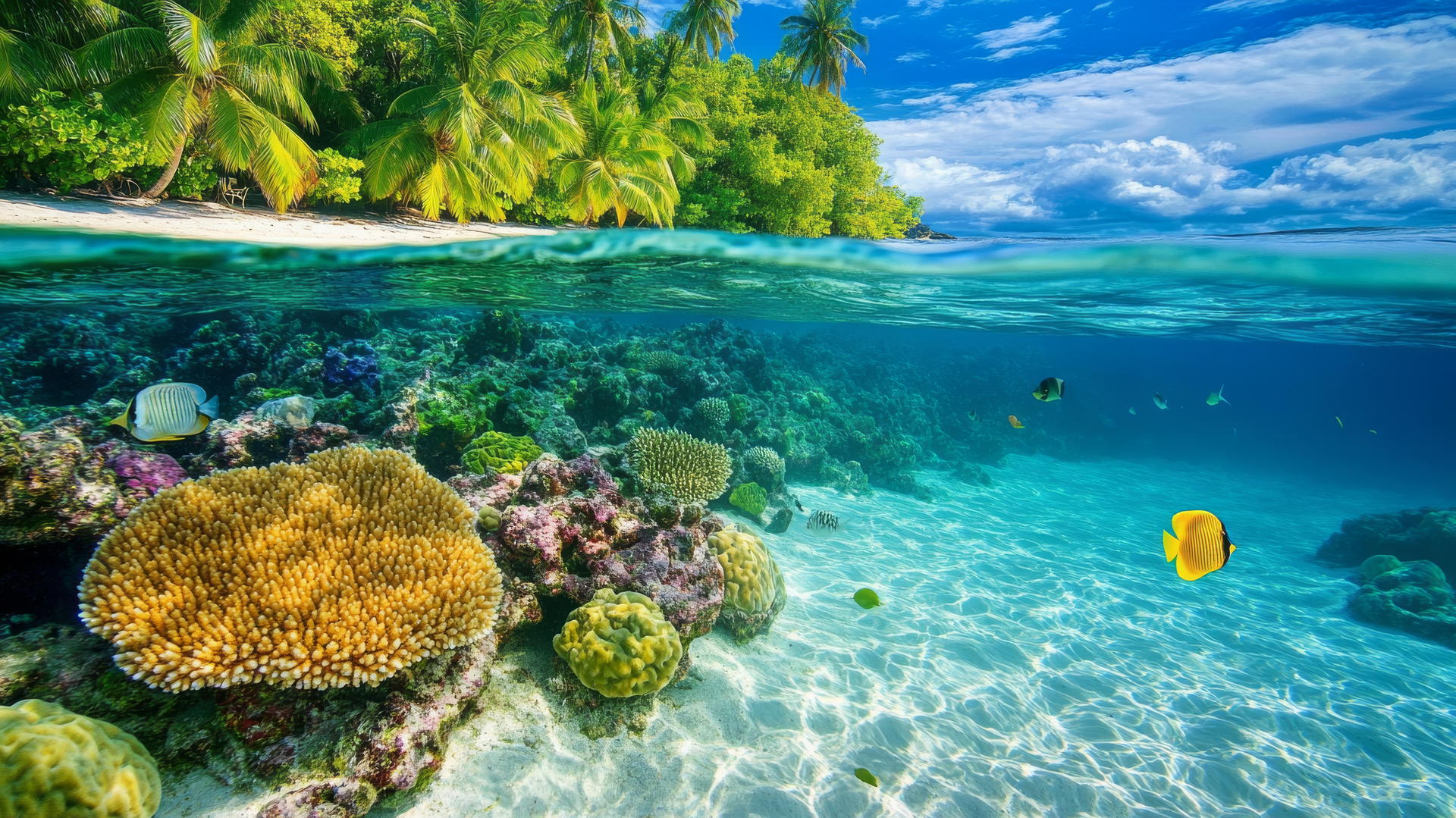 tropical beach wallpaper with colorful coral reefs, fish, and white sand