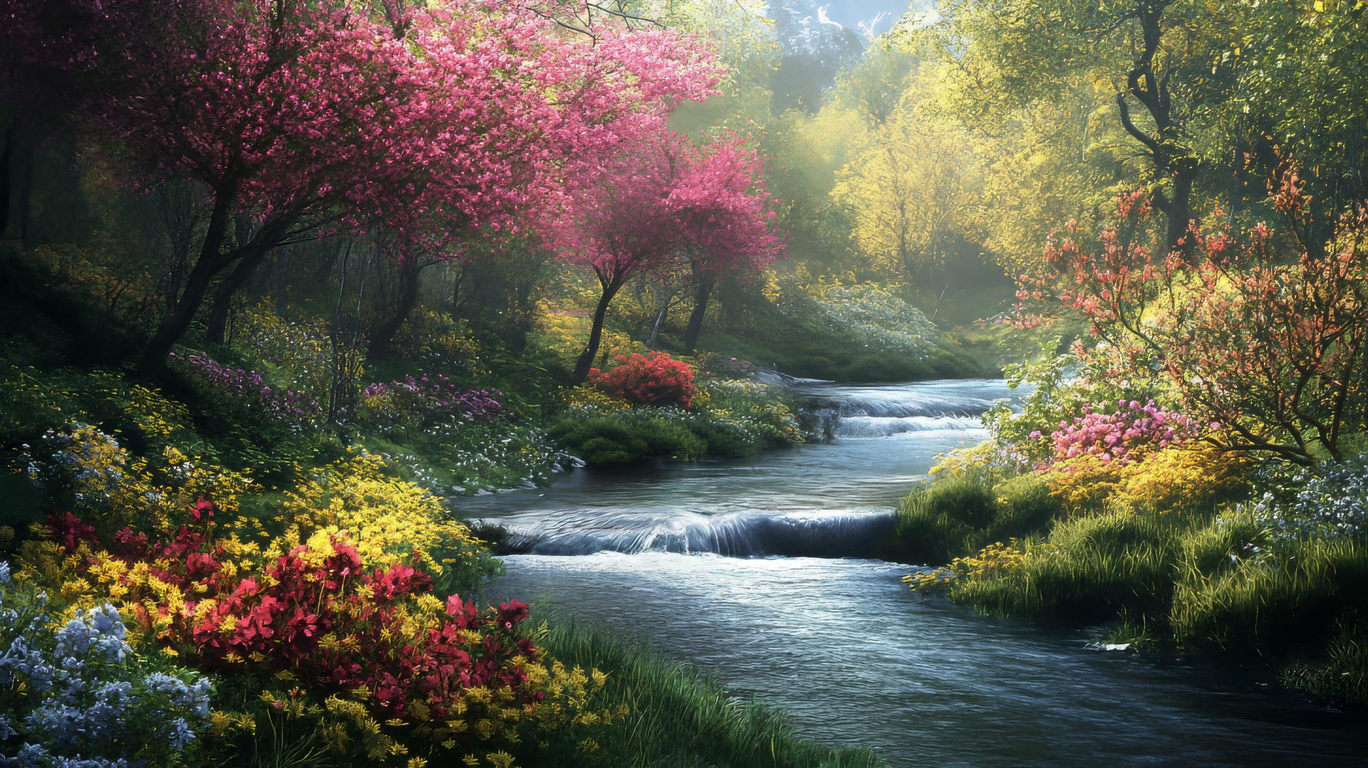 spring wallpaper with a tranquil flowing river and blooming plants