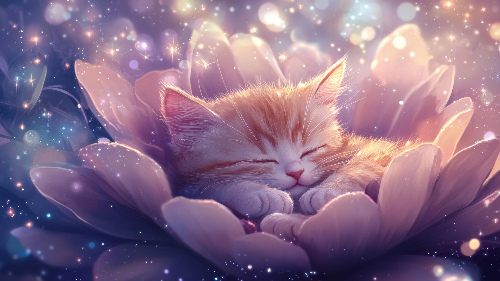 cute spring wallpaper with a sleepy kitten in a flower and twinkling stars