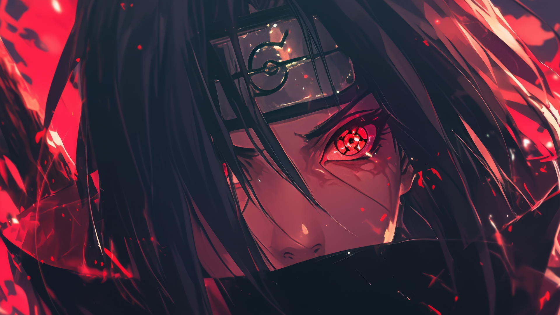 Itachi Uchiha with intense gaze and Sharingan, face half-covered in shadow