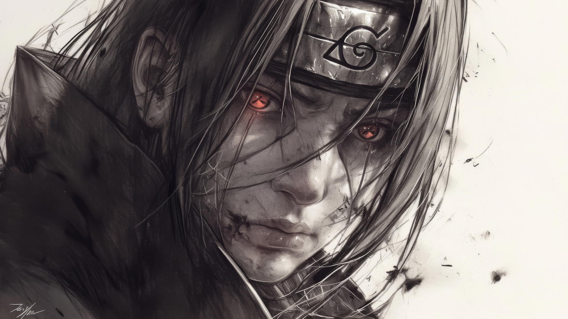 A photorealistic Itachi Uchiha drawing in graphite pencil, detailed facial features, hair, and cloak.