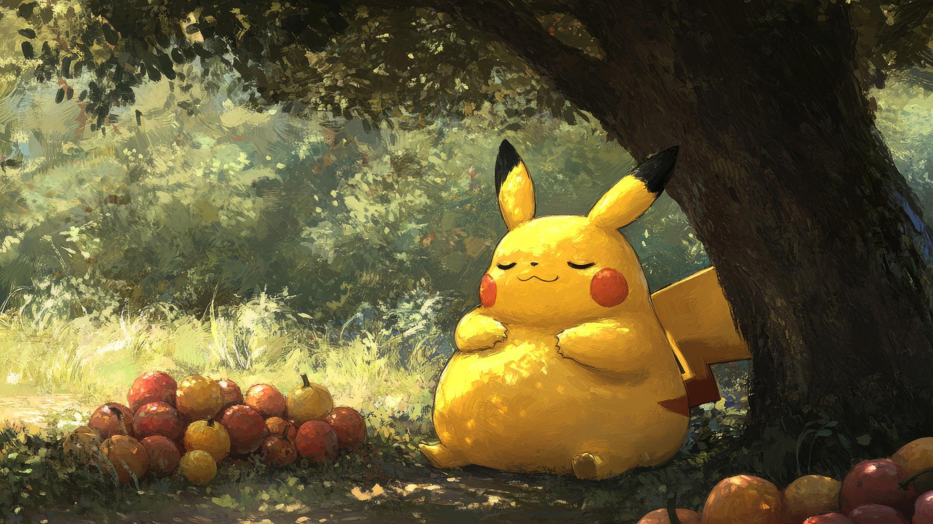 Fat Pikachu sitting under a tree with piles of fruit