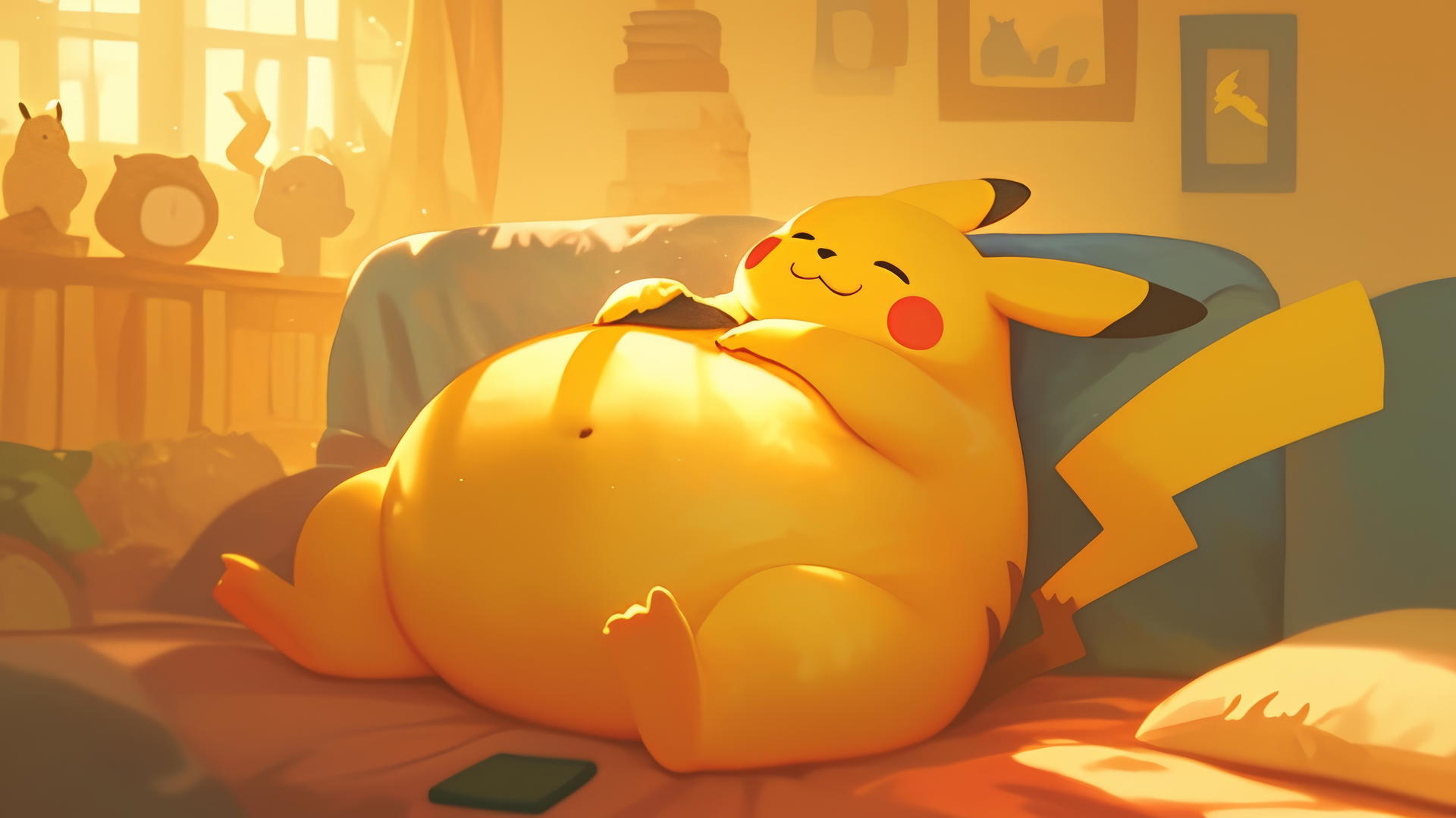 Fat Pikachu relaxing on a giant bean bag