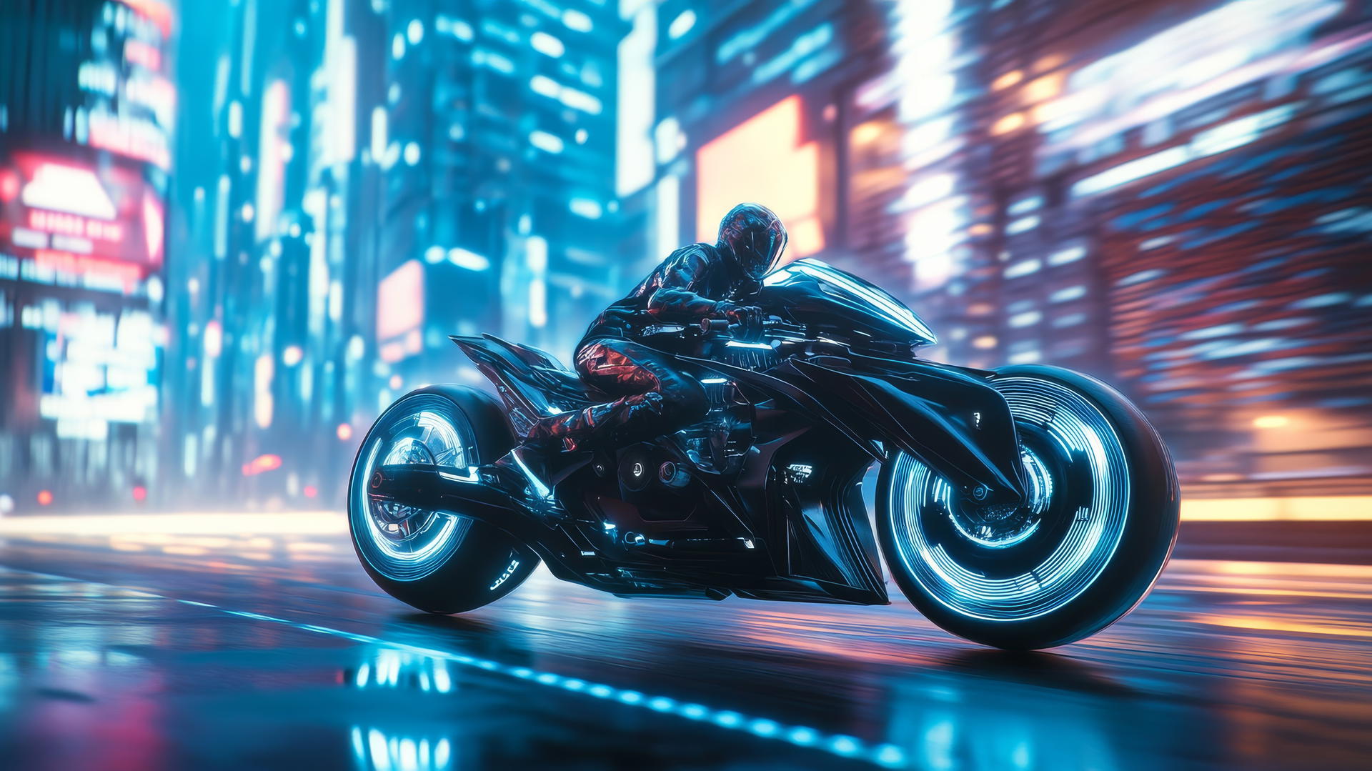 Futuristic motorcycle racing through high-tech city, cool wallpapers for boys