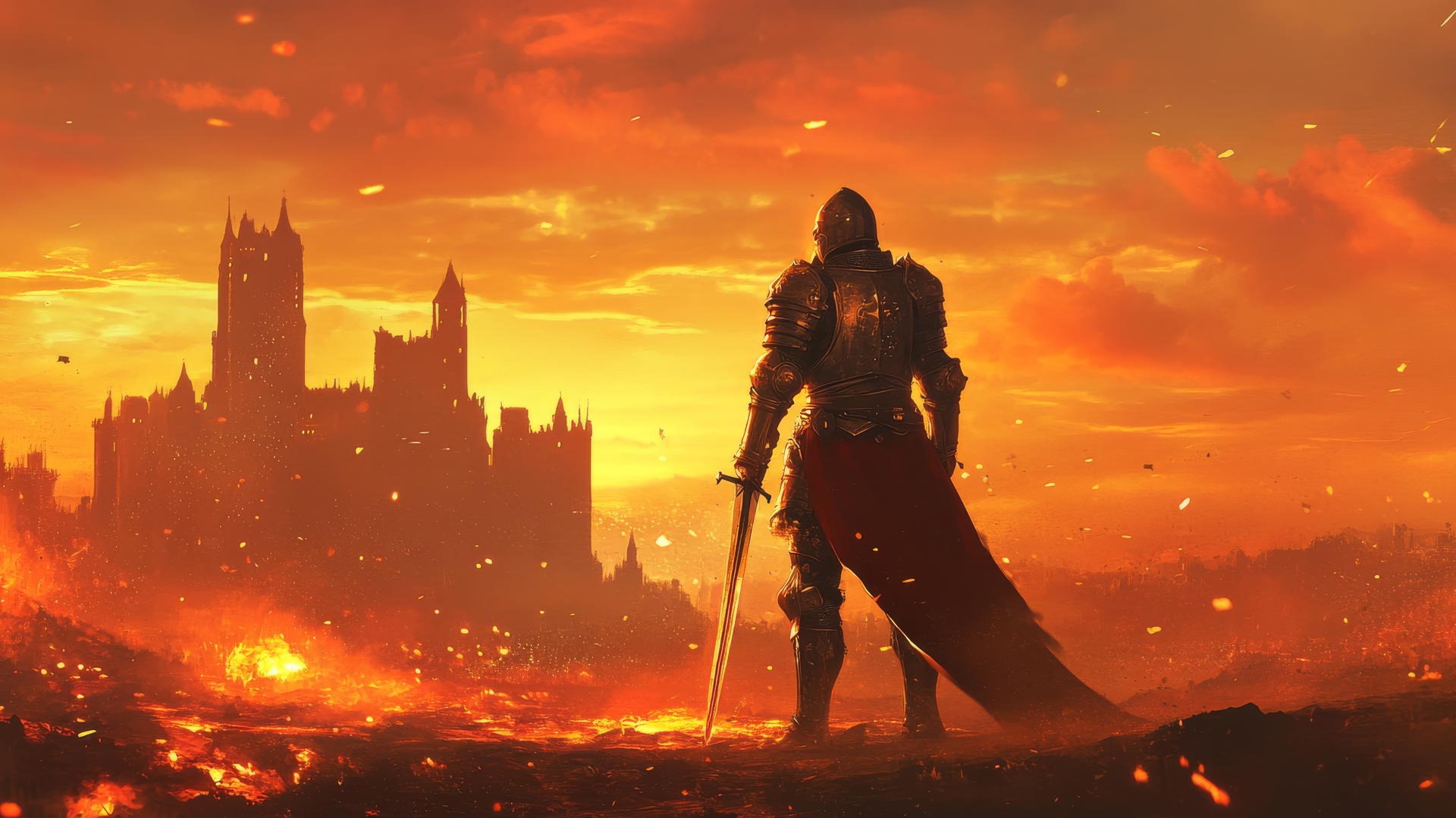 heroic knight in shining armor on battlefield with fiery sunset and castles, cool wallpapers for boys