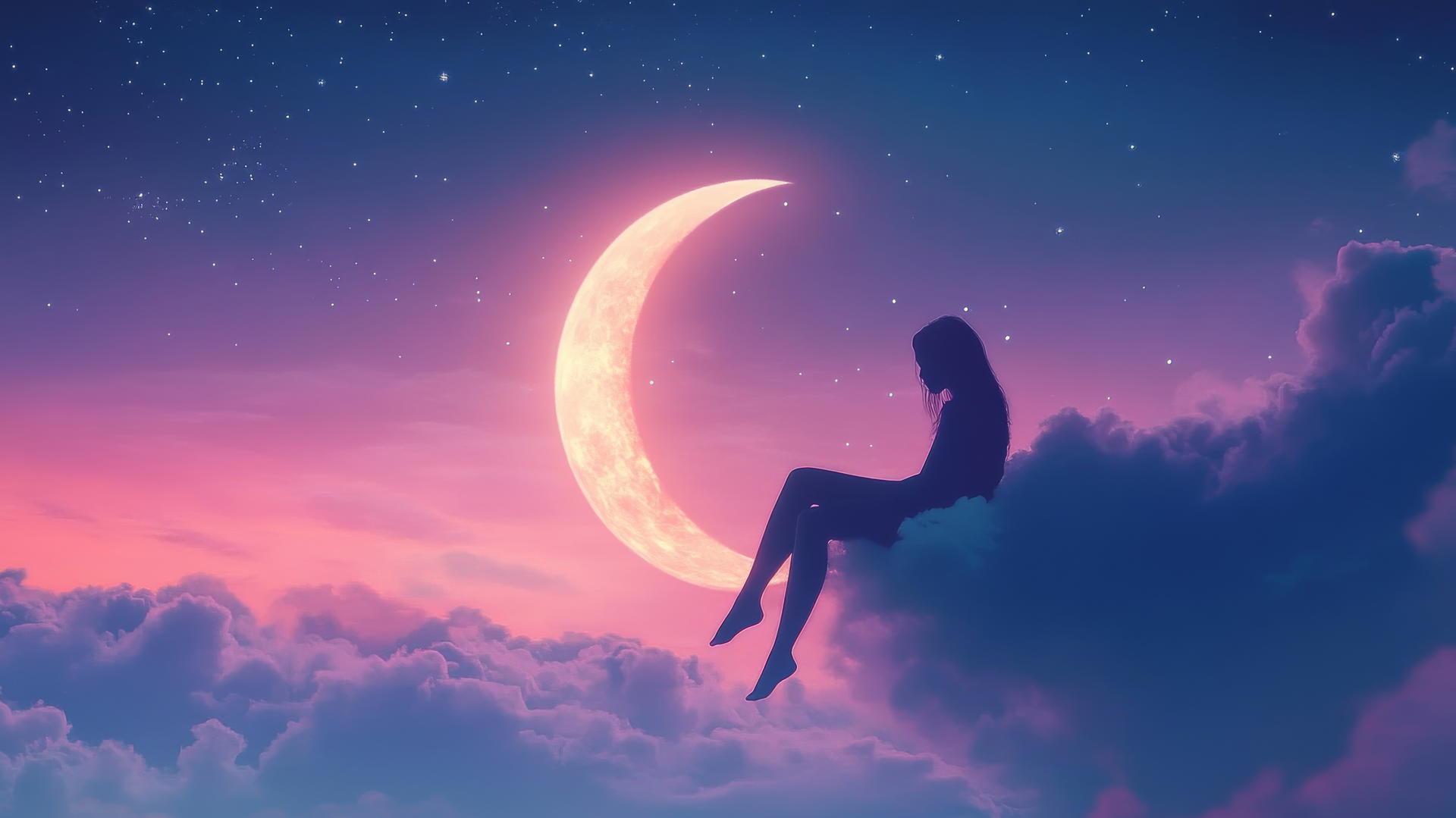 Silhouette of a girl sitting on a crescent moon in a pastel sky.