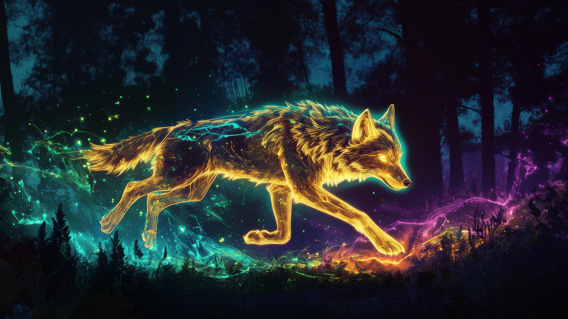 Glowing outline of a running wolf in a neon forest with softly illuminated trees.