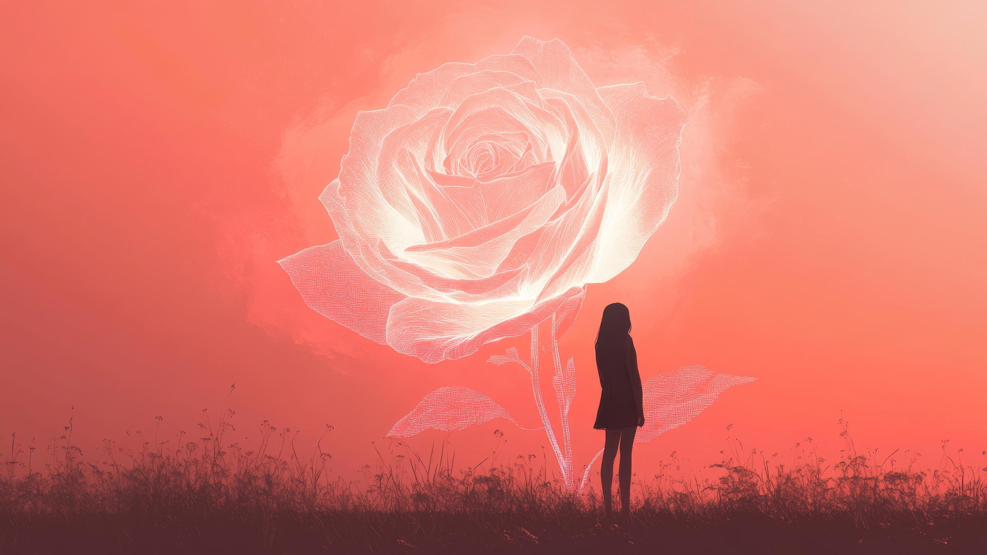 Girl in front of a giant glowing rose outline with soft pink tones