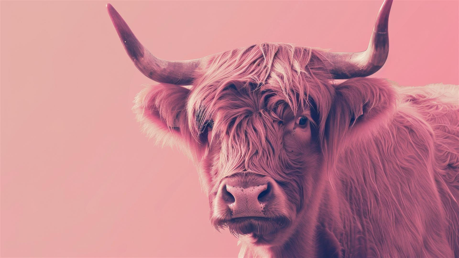 Modern kitschy highland cow with pink hue, no background.