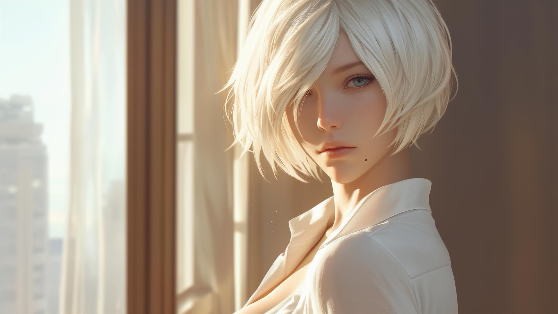 2B from Nier in white silk pajamas by a window at sunrise.