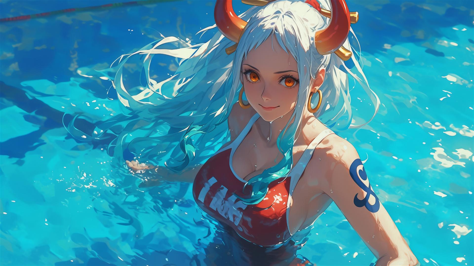 Yamato from One Piece standing in a pool under moonlight with orange eyes