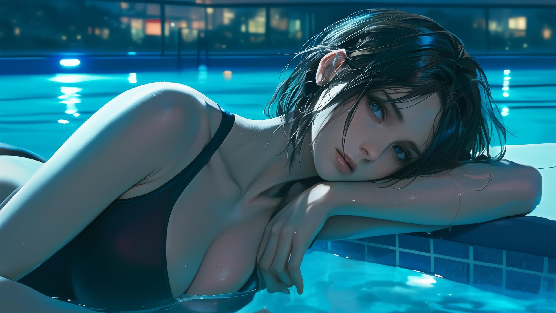 Mikasa Ackerman resting by poolside under moonlight