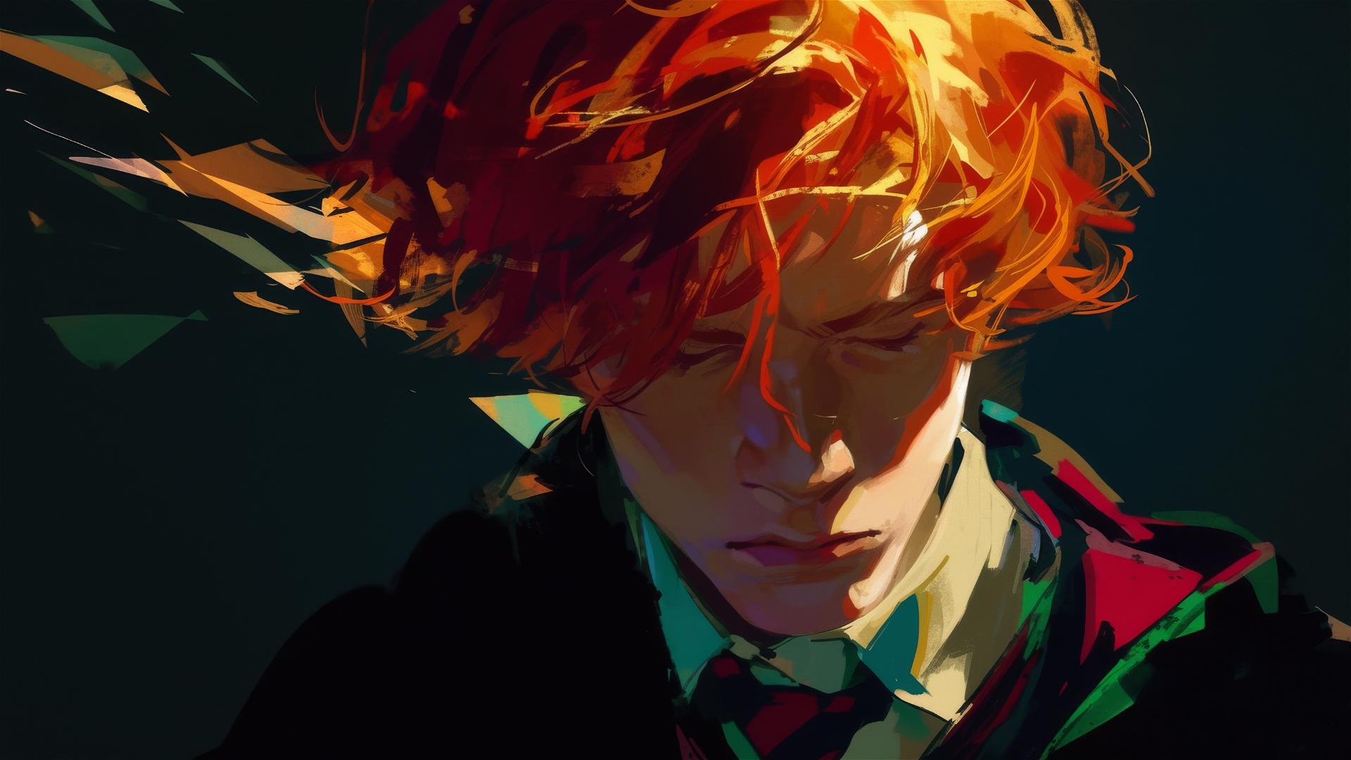 Artistic drawing of Ron Weasley with red hair on dark background