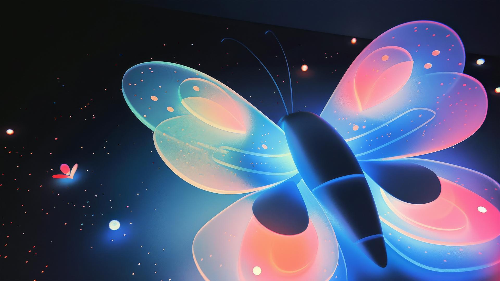 A large, illuminated butterfly observing a tiny firefly on its wing