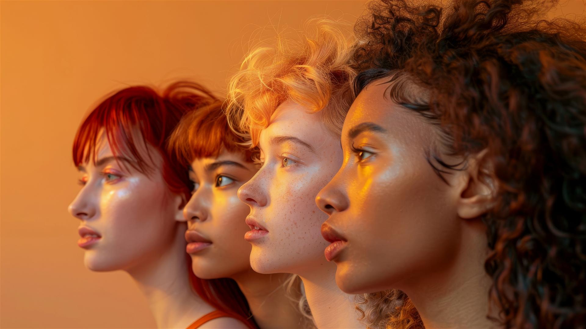 Group of models showcasing diverse hair types and lengths under warm studio lighting against a beige backdrop