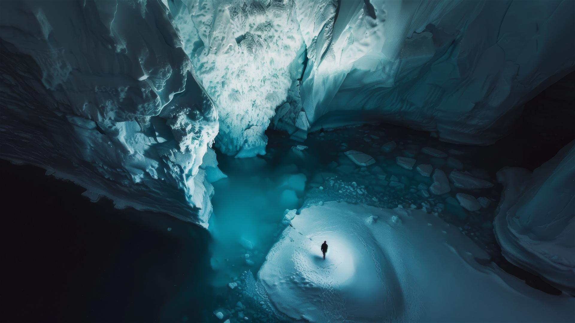 Aerial view of unknown Antarctic territory with a solitary dark figure