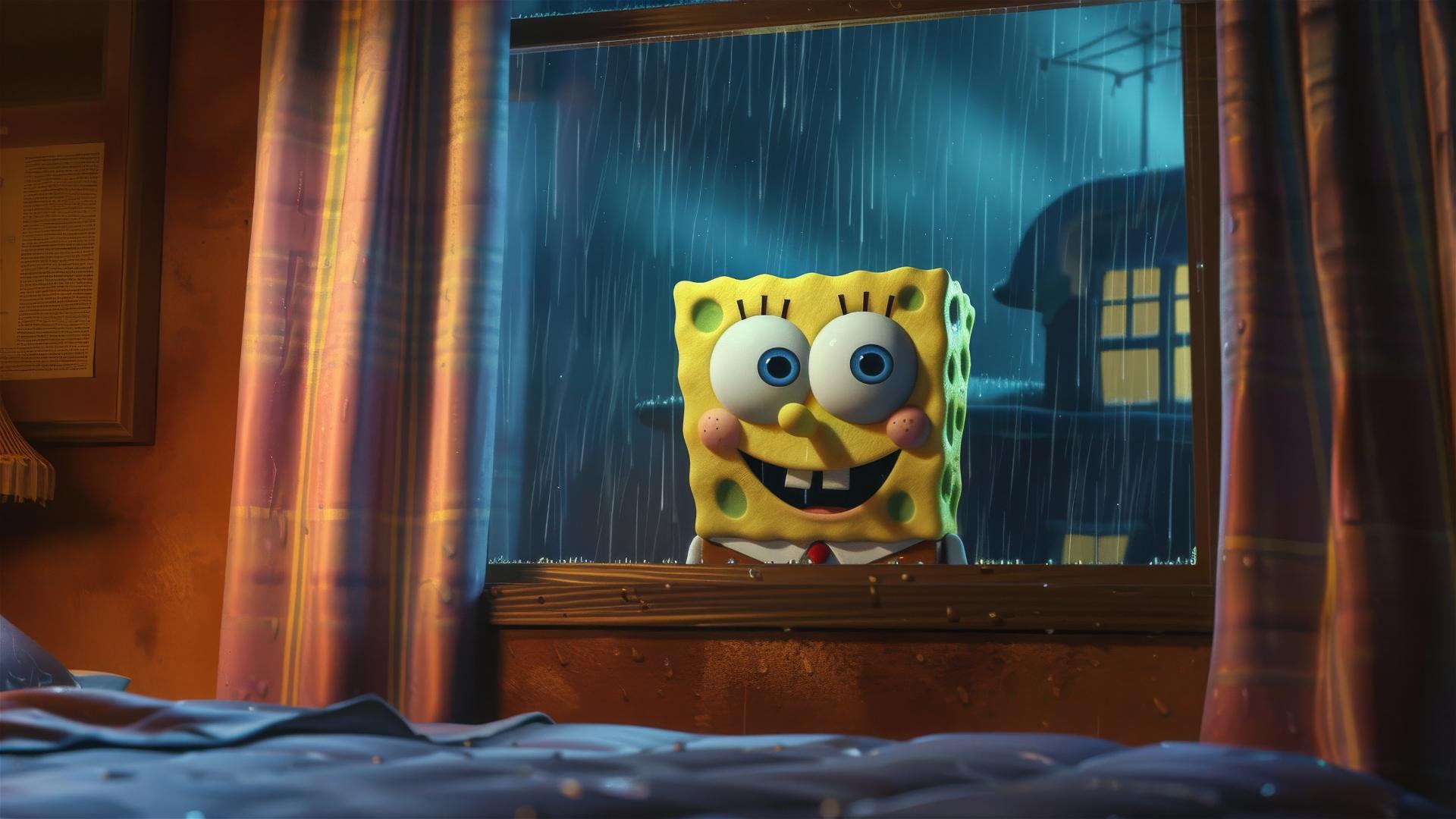 SpongeBob staring through a rainy window