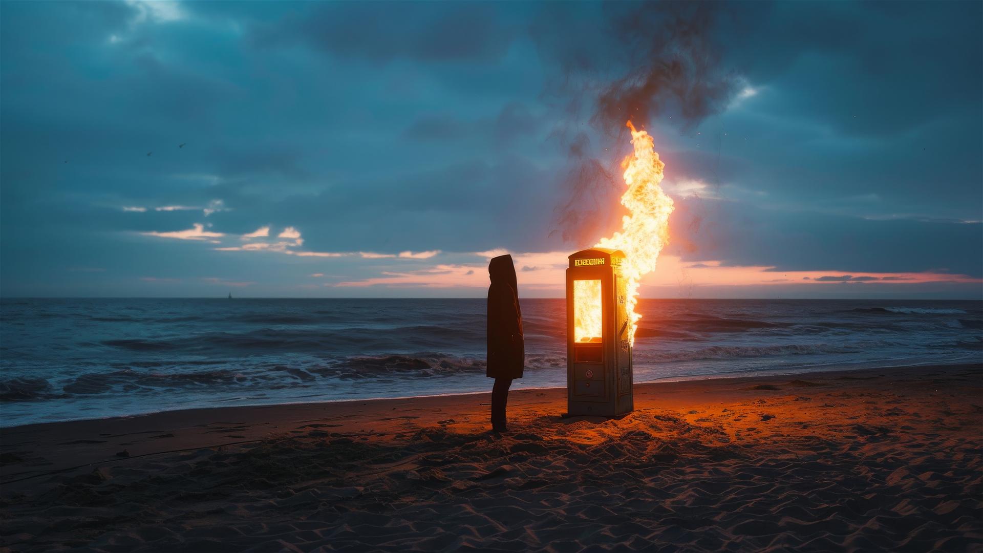 Woman silhouetted by a burning payphone on the beach at dusk