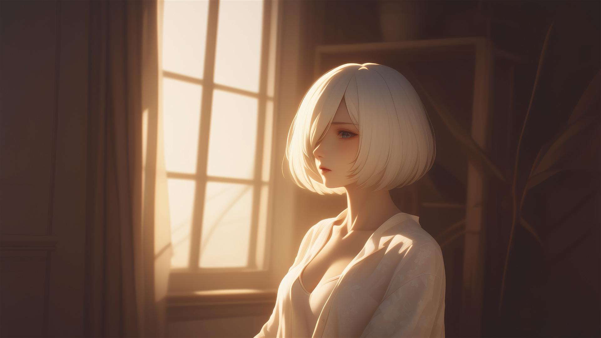 2B from Nier in white silk pajamas by a window at sunrise